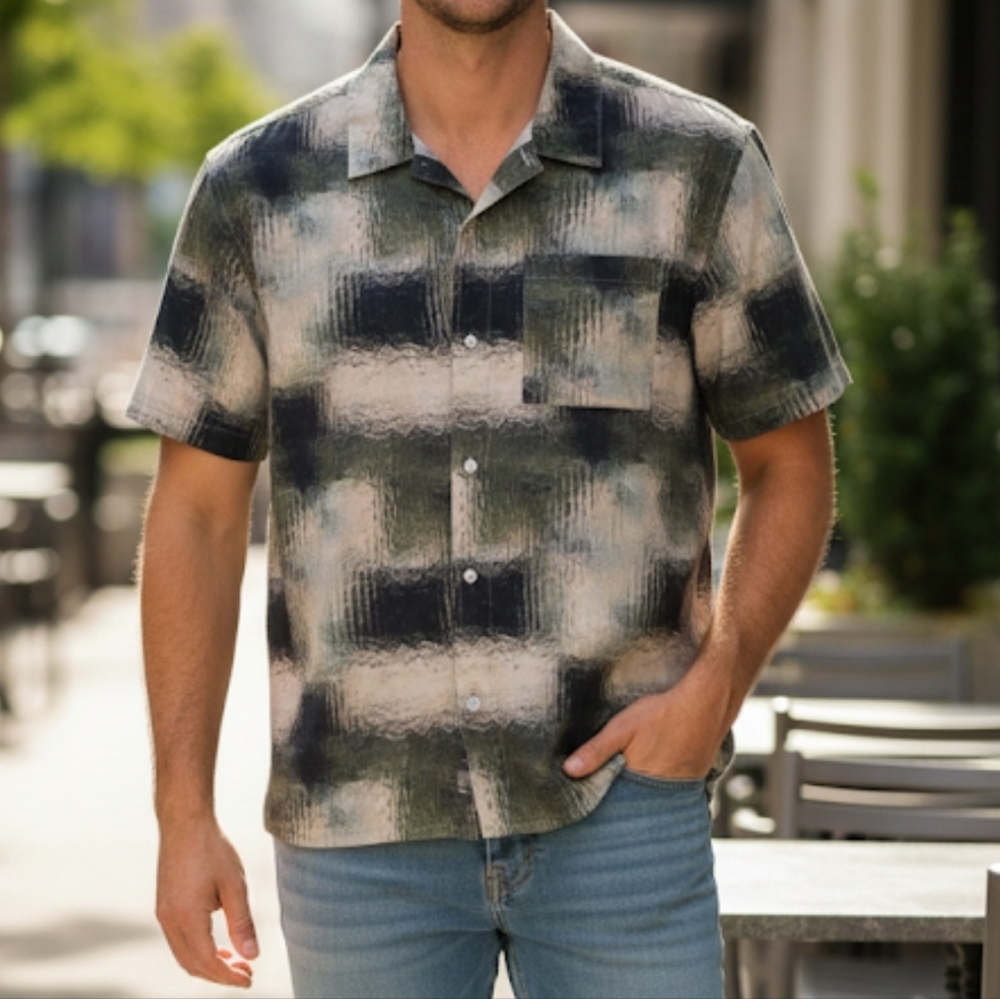 Saturday NYC Mens Alpons Glass print Shirt Size L green 100% cotton